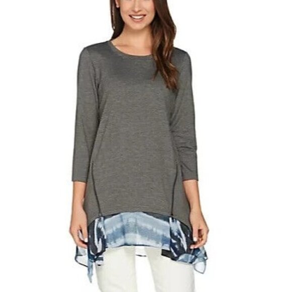 Logo Lori Goldstein Lounge Zip Chiffon Hem Tunic Top Size S Gray Blue Sharkbite - Picture 1 of 9